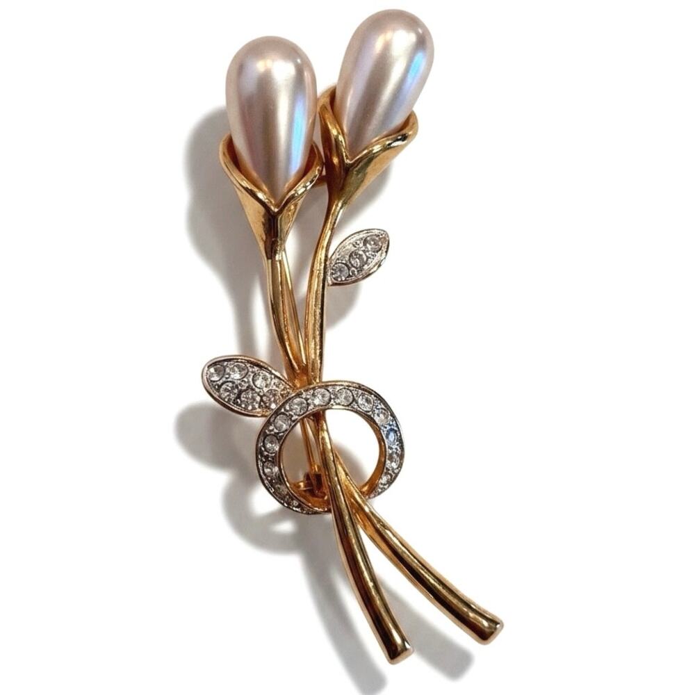 Vintage Calla Lily Brooch Faux Pearl Rhinestone Gold Tone Floral Pin Bouquet